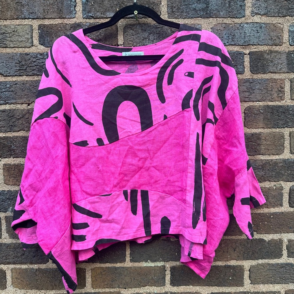 Italian Linen Art Top Transparente Pink Black Abstract Oversized Made Italy